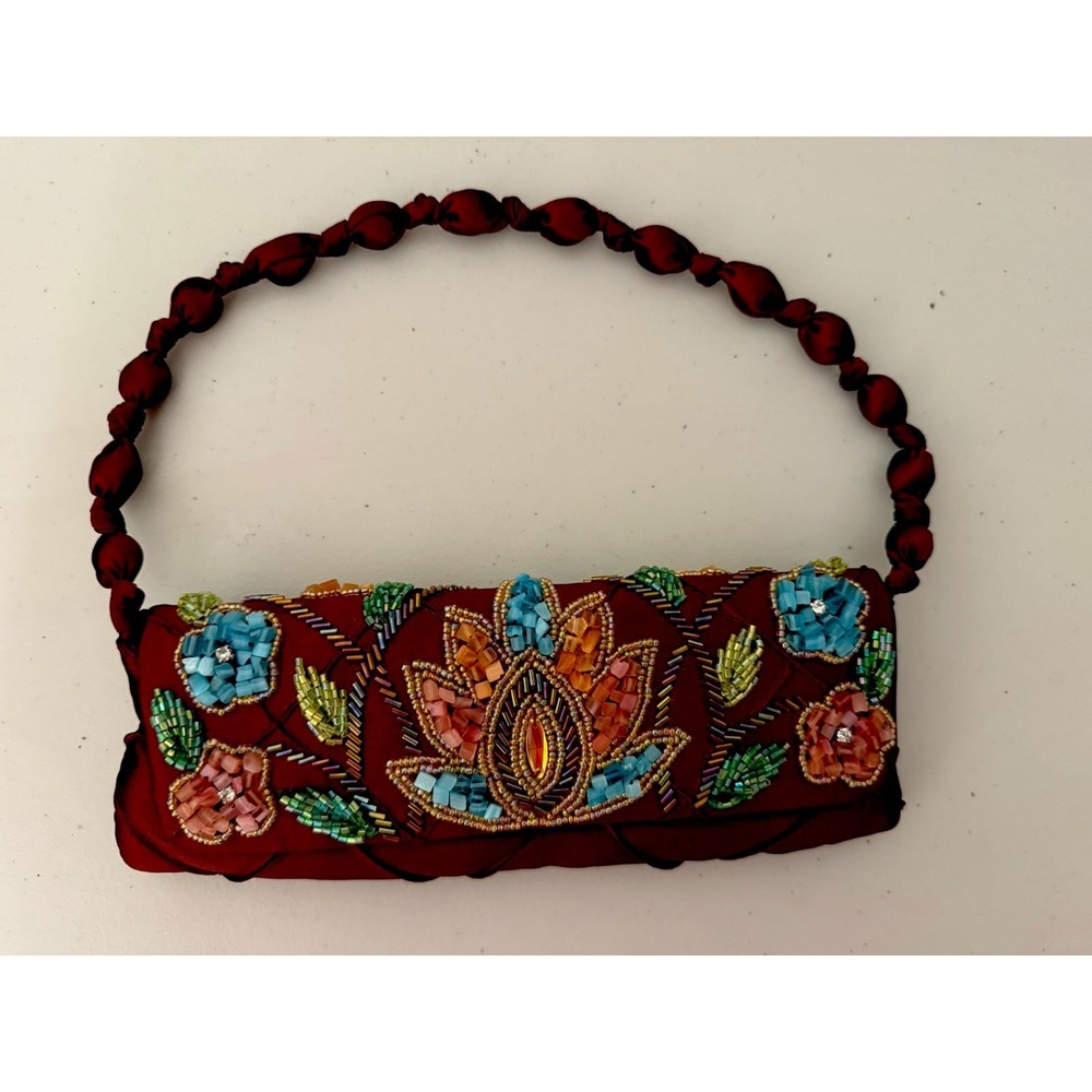 Beautiful Sasha New York Satin Clutch  Floral Embroidered W/woven Satin Handle
